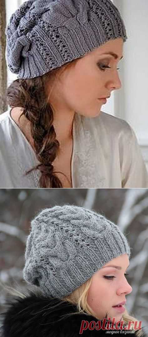 Стильная шапочка-берет с ажурным узором. Вязаная спицами