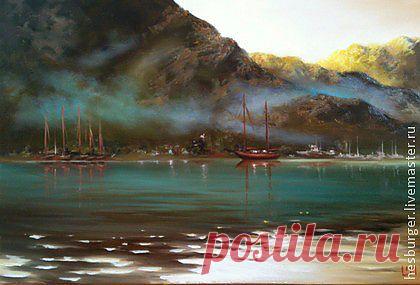 картина маслом-Тихая бухта - тёмно-синий,морская волна,морская тема,море