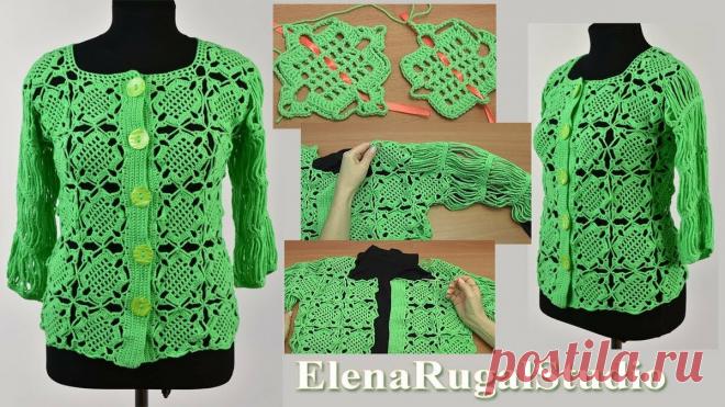 Ажурная кофточка крючком с оригинальным рукавом схемы вязания и 📺 видео мастер класс | Студия Елены Ругаль Вязание | Яндекс Дзен