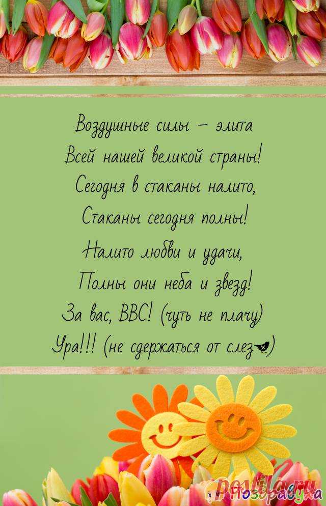 Вы братья неба, дети Солнца.
У покорителей небес
В душе пусть звоном отзовется:
Сегодня праздник ВВС!