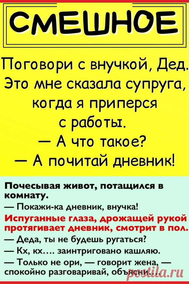 Поговори с внучкой, Дед. Это мне сказала супруга, когда я приперся с работы. — А что такое? — А почитай дневник…