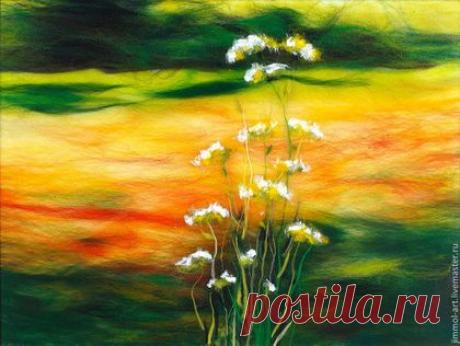 Купить Картина из шерсти Закат на лугу - картина, акварель шерстью, живопись шерстью, картина из шерсти