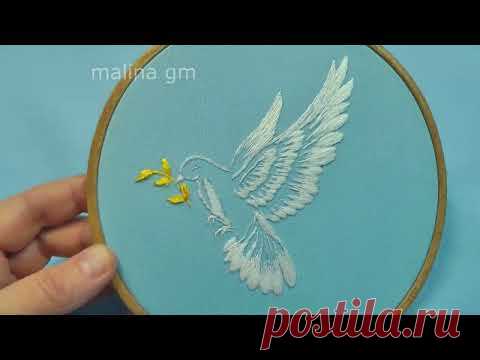 Hand embroidery White dove Long and short stitches & stem stitch