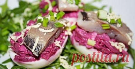 Яйца фаршированные свеклой, сыром и сельдью

ИНГРЕДИЕНТЫ:

100 г сыра
4-6 яиц
1 слабосоленая сельдь (филе)
1 большая сладкая свекла
1 зубчик чеснока
майонез
руккола
зеленый лук

ПРИГОТОВЛЕНИЕ:

1 Обернуть в фольгу промытую нечищеную свеклу и до мягкости запечь ее в духовке, затем остудить и почистить.
2 Отваренные вкрутую, остуженные и очищенные яйца пополам разрезать вдоль, аккуратно извлечь желтки.
3 К крупно натертой свекле добавить мелко натертые желтки и сыр, измельче...