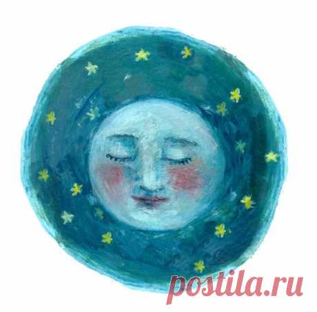 Fine Art Print- Moon Face | Full moon, moon phase, illustration, celestial, stars, night sky, boho, watercolor, blue, portrait, galaxy 10x10 Fine Art Print from original painting by Katherine Lewis  &gt;&gt;&gt;Archival fine art print on textured watercolor paper. &gt;&gt;&gt;White border included around image, ready for framing. &gt;&gt;&gt;Ships directly from print shop. &gt;&gt;&gt;Packaged flat or rolled, depending on size. Includes plastic protective sleeve.