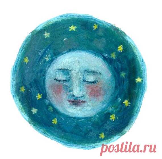 Fine Art Print- Moon Face | Full moon, moon phase, illustration, celestial, stars, night sky, boho, watercolor, blue, portrait, galaxy 10x10 Fine Art Print from original painting by Katherine Lewis  >>>Archival fine art print on textured watercolor paper. >>>White border included around image, ready for framing. >>>Ships directly from print shop. >>>Packaged flat or rolled, depending on size. Includes plastic protective sleeve.