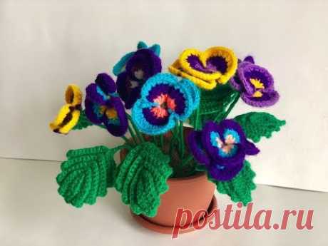 Анютины глазки в горшочке крючком на 8 марта , часть2 /Crocheted pansies in a pot on March 8, part 2