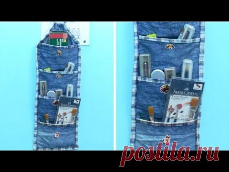 Diy multipurpose organizer from old jeans/denim old jeans reuse ideas