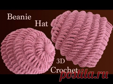Gorro a Crochet en punto abanicos de lado en 3D tejido tallermanualperu