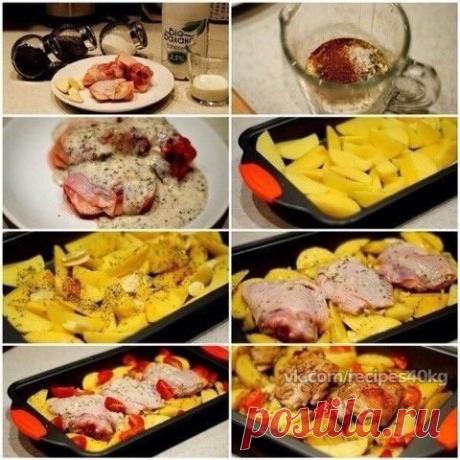 Курица маринованная в кефире, запечённая с картофелем с травами и чесноком / Всё за еду!
