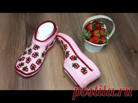 Тапочки "Клубнички".🍓🍓🍓тунисское вязание+спицы