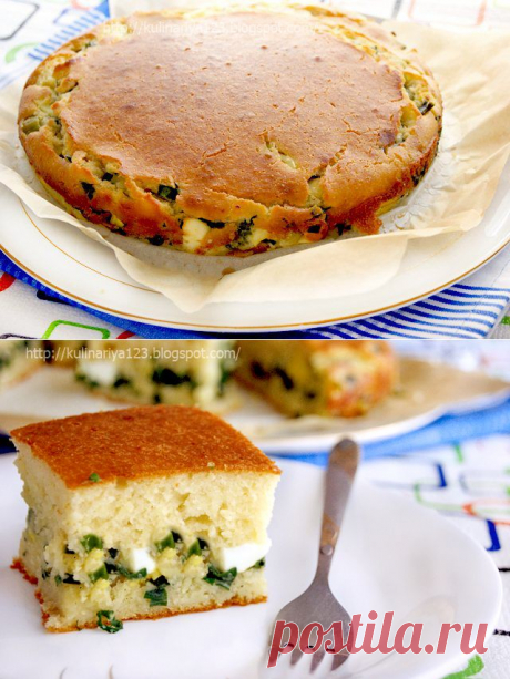 Быстрый (заливной) пирог с зелёным луком и яйцом.