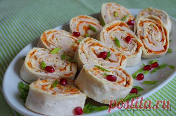Рулет из лаваша с курицей и корейской морковкой - 8 Ложек Быстрые закуски из лаваша давно и прочно укоренились в повседневном меню многих хозяек, и сегодня  п