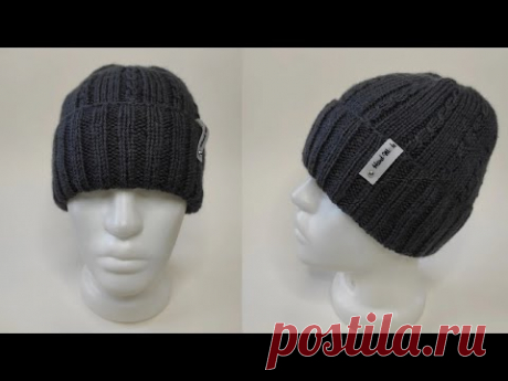 Мужская шапка спицами с узором и отворотом