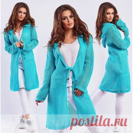 Вязаный сеткой кардиган с капюшоном