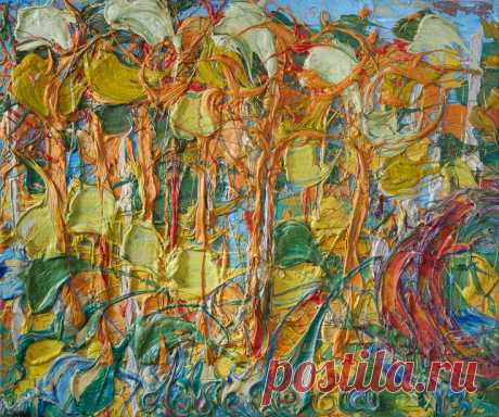 Масло, холст 120 см 100 см Пейзаж ”Сосны. Время и бытие” я писала на пленэре. Я решала задачу: передать движение на картине крупными энергичными мазками, запечатлеть в своей манере дух леса, золотые сосны, качающиеся на ветру. В тот день я была околдована соснами. В таком месте невольно задумываешься о жизни и о времени. Екатерина Лебедева художник