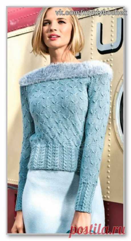 Пуловер с узором "Птички" и пушистой кокеткой-лодочкой
#вязание #спицами

Размеры: 34/36, 40/42

Вам потребуется: пряжа (100% шерсти; 75 м/ 50 г) - 400 (450) г серо-голубой; фасонная пряжа (80% вискозы, 20% нейлона; 40 м/50 г) - 100 г серебристой; спицы № 4; круговые спицы № 4 длиной 40 см и 80 см.

Лицевая гладь: при круговом вязании - только лицевые петли.

Узор «Косички»: вязать по схеме А рядами в прямом и обратном направлениях. В лицевых рядах считывать схему справа н...