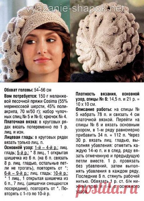 Объемный берет спицами, описание | ВЯЗАНИЕ ШАПОК: женские шапки спицами и крючком, мужские и детские шапки, вязаные сумки