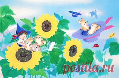 動物イラスト　ひまわり畑で帽子に乗り遊ぶ妖精と動物達