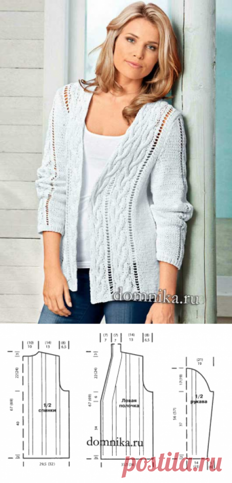 Вяжем спицами кардиган с косами из хлопка - модель для полных женщин 52-56 размера