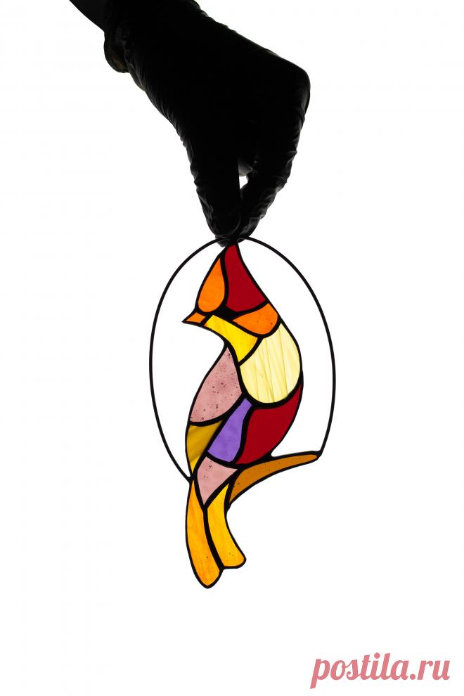 Stained glass suncatcher Bird stain glass gift Window hanging panel Ti Window hanging suncatcher made of stained glass pieces by my own disign.Handmade using Tiffany copper foil technique.Looks amazing in the sunlight.You will get it completely ready for installation. It comes with a self-adhesive hook and copper chain.It will be a great gift for friends or relatives. Width: 4 inches Heig