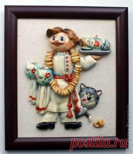 Подробнейший МК. Соленое тесто. Панно &quot;Повар с баранками и чаем&quot;