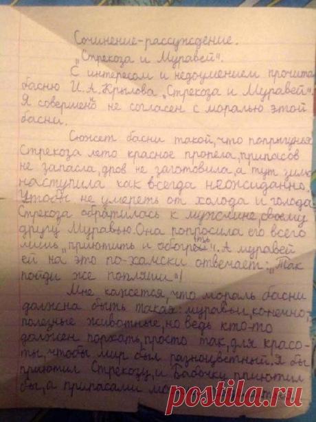 Сочинение первоклассника Стрекоза и муравей — новый хит интернета!