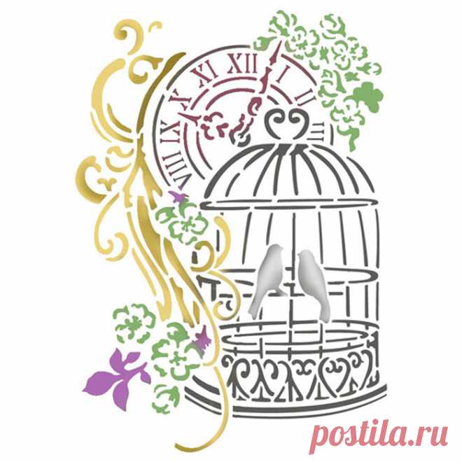 Трафареты для росписи и декупажа Птицы в клетке и часы Stamperia, трафаретные кисти и клей для фиксации трафаретов | интернет магазин Арт-Декупаж