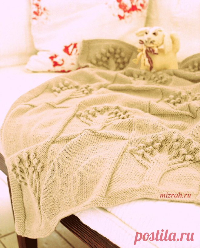 Детский плед с узором "Яблонька" спицами.