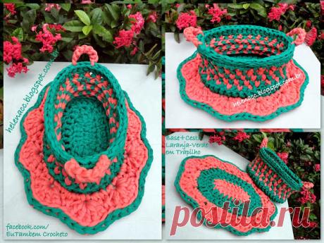 EU TAMBÉM CROCHETO...: Cesto + Base Laranja e Verde em Trapilho