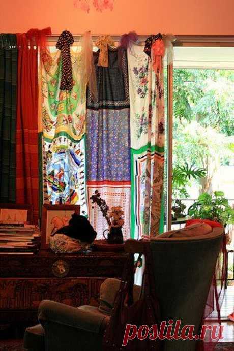 (12) fun easy to make curtains! find old scarves in your closet or local second hand store and sew together. great for wall hanging tapestries as well!