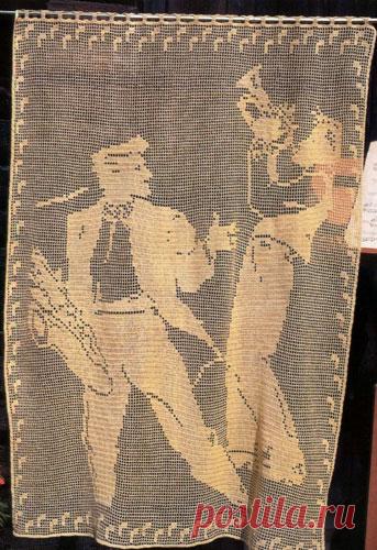 Занавеска крючком «Музыканты» Схема вязания крючком филейной занавески «Музыканты»