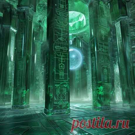 Киберпанк. Зал. Колонны. Петроглифы. Кристалл. Зелёный.