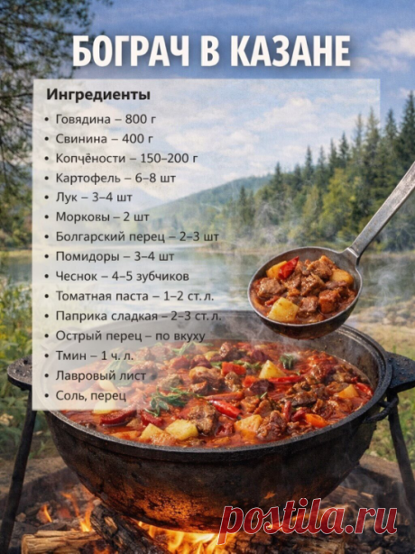 БОГРАЧ В КАЗАНЕ
1. Обжарьте говядину и свинину в казане.
2. Добавьте лук, затем морковь, жарьте.
3. Добавьте паприку и тмин, перемешайте.
4. Добавьте картофель, перец, помидоры, чеснок.
5. Добавьте копчёности и томатную пасту.
6. Залейте водой и тушите 40–60 минут.
7. Добавьте лавровый лист, соль, перец.
8. Бограч должен получиться густой, как суп-рагу.