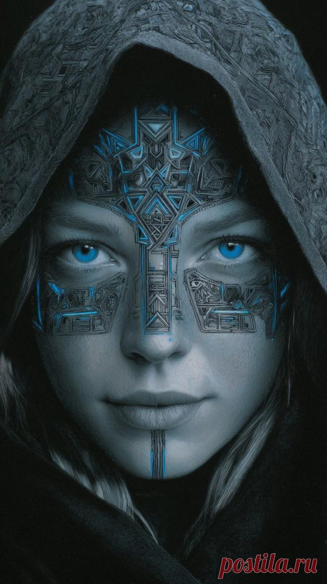 Таинственный взгляд под капюшоном: мрачный портрет женщины в темной одежде с ярким макияжем. Генерация из нейронной сети Midjourney - Midjourney примеры промтов - Форум ИИ о нейросетях - Yes Ai