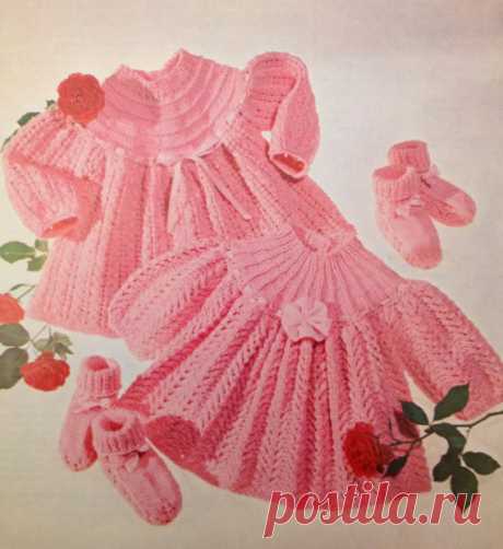 vintage PDF knitting pattern for baby dress and booties in sizes 16 18 and 20 inch dk yarn This item is a PDF file of the knitting pattern for these beautiful baby dresses and matching booties.    The pattern will be available for download upon receipt of payment, for you to print out or read from your computer.    These stunning dresses are knit in dk yarn and have the most gorgeous matching booties.    Traditional and beautiful.