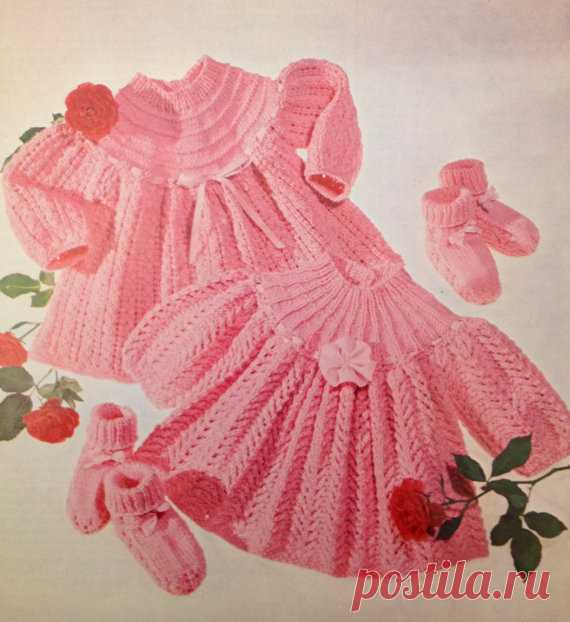 vintage PDF knitting pattern for baby dress and booties in sizes 16 18 and 20 inch dk yarn This item is a PDF file of the knitting pattern for these beautiful baby dresses and matching booties.    The pattern will be available for download upon receipt of payment, for you to print out or read from your computer.    These stunning dresses are knit in dk yarn and have the most gorgeous matching booties.    Traditional and beautiful.