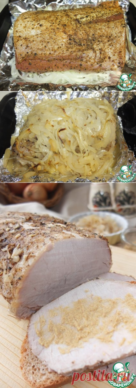 Мясо &quot;Горе луковое&quot; 
=Ингредиенты
Карбонад — 1100 г
Лук репчатый — 3 шт
Уксус (9%) — 2 ст. л.
Соль (по вкусу)
Перец черный (по вкусу)
Специи (по вкусу)