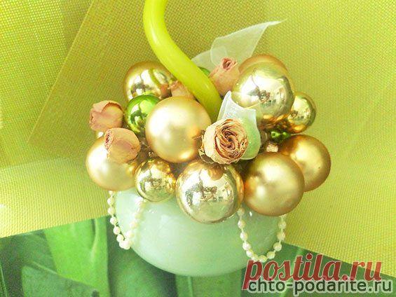 Новогодняя композиция из шаров, свечи и сухих цветов своими руками. Мастер-класс с пошаговывыми фото - Новогодние поделки