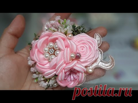 Como hacer una tiara con pedrería foyage y flores de liston satín #MAYRALEON