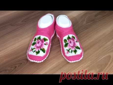 Тапочки "Розовые розы"🌹🌹🌹тунисское вязание.раз.38/39