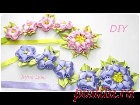 Літня стрічка для волосся/Летняя лента в косу своими руками/satin ribbon flowers tutorial