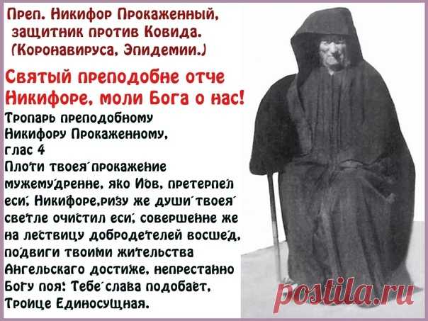 Святый преподобне отче Никифоре, моли Бога о нас!
Преп. Никифор Прокаженный, защитник против Ковида.

Греческий Святой начала 20-го века, страдавший от этой тяжелой болезни, в начале разгара мировой эпидемии в Европе (прибл. начало марта) появился в видении одному верующиму из Греции, а потом и православному журналисту из Болгарии. Его слова: Скажите людям, чтобы они не боялись этого вируса, это пройдет. И не боитесь святого причащения, причащайтесь! А если кто и заболеет,...