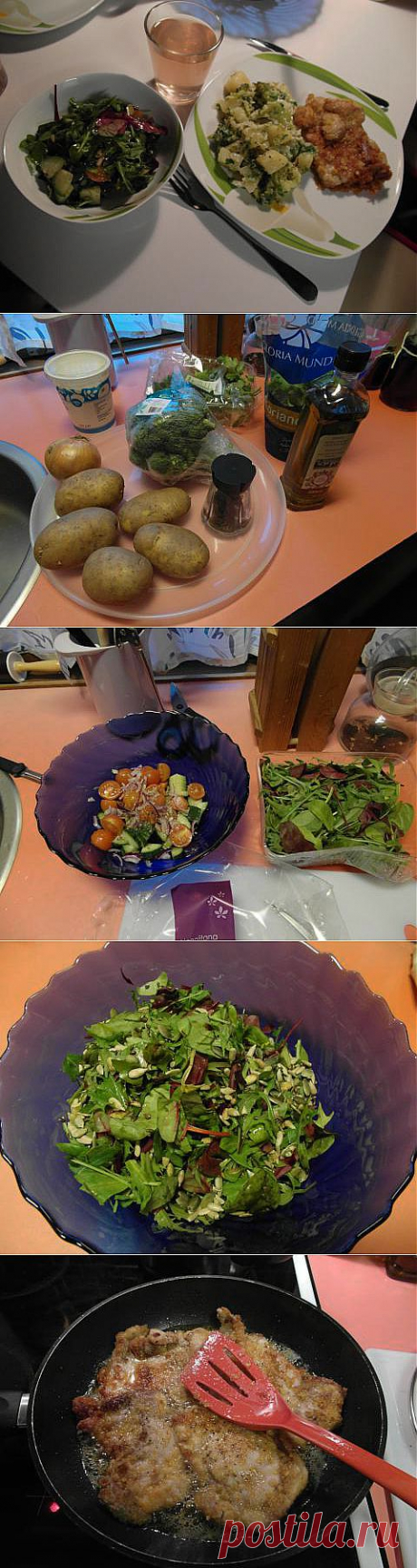 ужин за 50 минут: Шницель куриный, сотэ из картофеля и брокколи и салат-микс с черри и огурцом | 4vkusa.ru