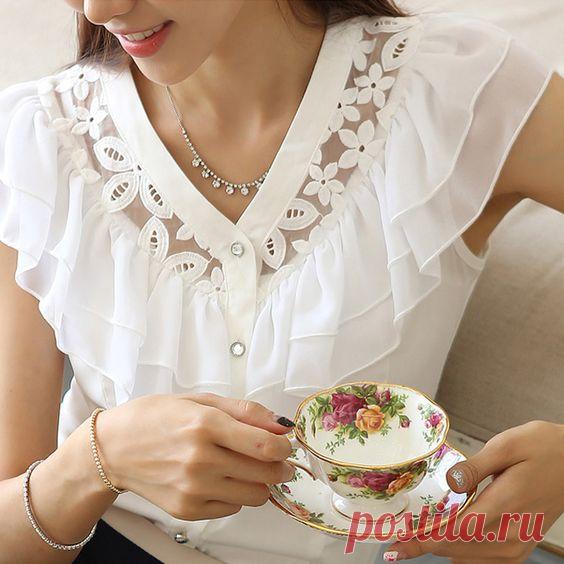 (115) Fashion Black/White Short Sleeve women Ruffle lace chiffon blouse feminina camisas femininas blusas roupas blouses shirts-inBlouses & Shirts from A…
