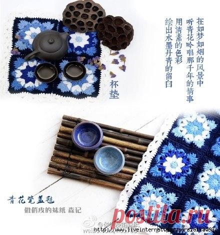 Плед квадратными цветочными мотивами крючком