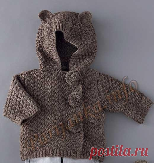 Курточка с капюшоном (д) 34 Фильдар 
Размеры 1) 3 месяца - 2) 6 месяцев - 3) 12 месяцев - 4) 18 месяцев - 5) 24 месяца 
Нитки QUIЕTUDE (50 г. / 90м.) цвет OURSON 1) 2) 5 - 3) 4) 6 - 5) 7 мотков 
Состав модели: 50 % Камвольная шерсть, 50 % Акрил 
Материалы 
Спицы № 3,5 и № 4 
1 игла для шерсти 
Кольца маркеры 
Булавка 
3 кнопки диам. 17 мм 
1 комплект помпонов 
Вязки 
Резинка 1 х 1 
Шахматка 2 х 2: 
Число п. для симметрии: кратное 4 + 2. 
1-ый р. (лиц. сторона работы): 2 ли...