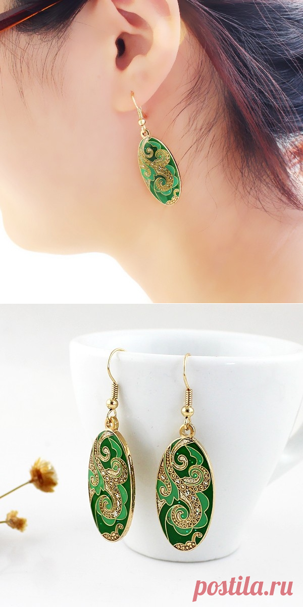 Винтажные овальные зеленые серьги с эмалью и золотым орнаментом - Серьги, пуссеты, клипсы / СЮРПРАЙЗ