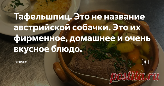 Тафельшпиц. Это не название австрийской собачки. Это их фирменное, домашнее и очень вкусное блюдо. Обратите внимание: в ресторане на второе нам подали практически драник!
К большому сожалению, большинству туристов, гостей Австрии и её великолепной столицы Вены, этот рецепт и это блюдо знакомы мало. Австрийцы считают его исключительно домашним, едят часто и с удовольствием, но в меню высокой кухни переносить не торопятся.
А ведь оно и, вправду, очень домашнее. Гостям, казалось бы, подавать