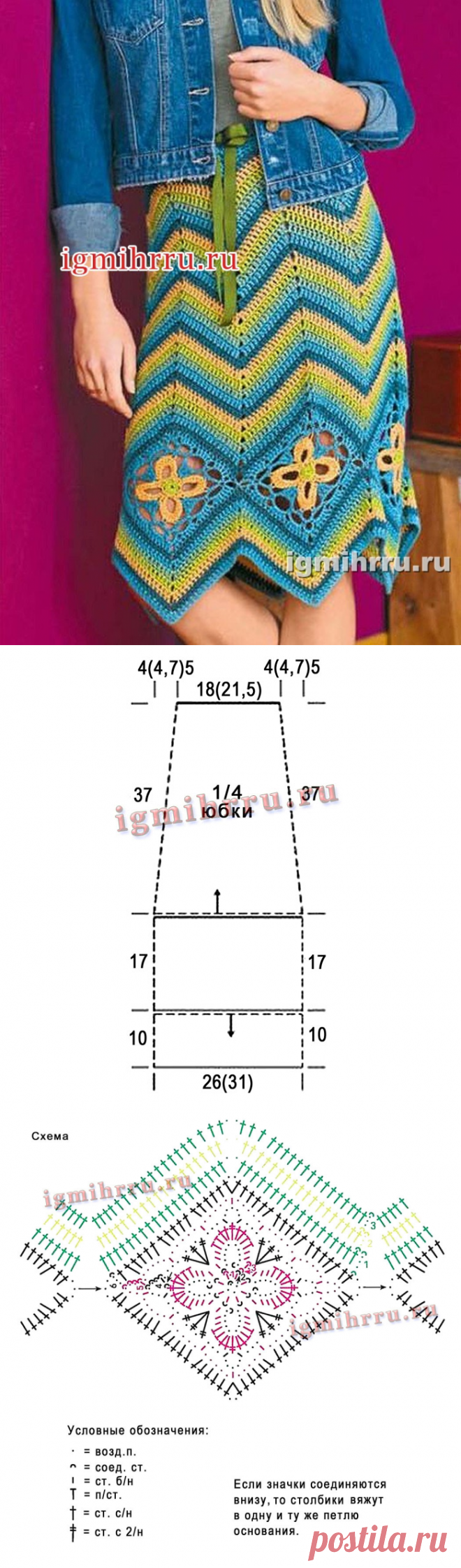 Многоцветная юбка с зигзагами и ромбами из ажурных цветов. Вязание крючком
